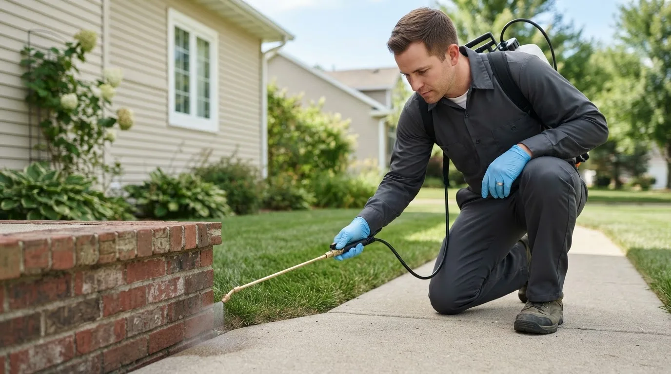 Pest control technician treating a home near Burgoon, OH