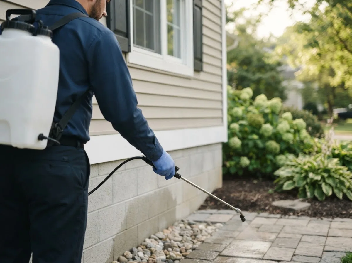 Pest control technician inspecting a home in Burgoon, OH